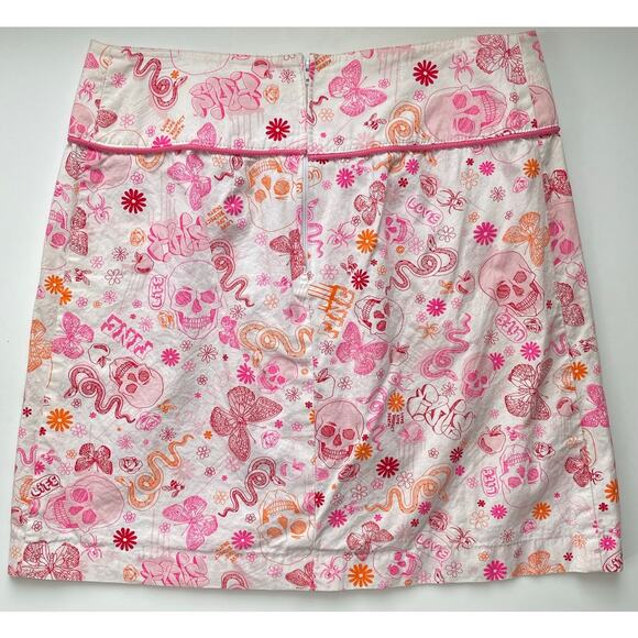 Y2K 'Fine' Mini Skirt Size Small Pink Graffiti Skulls Butterflies - Picture 2 of 9